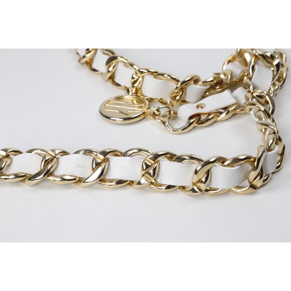 Vintage White Leather Belt Gold Chain Link Interwoven Woven Waist Cinch Rare S main image 13